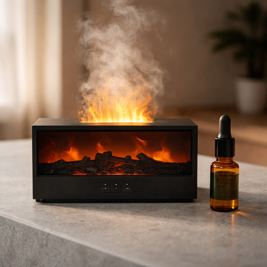 Flame aroma humidifier with simulated warm fire glow on stone surface with scent oil.