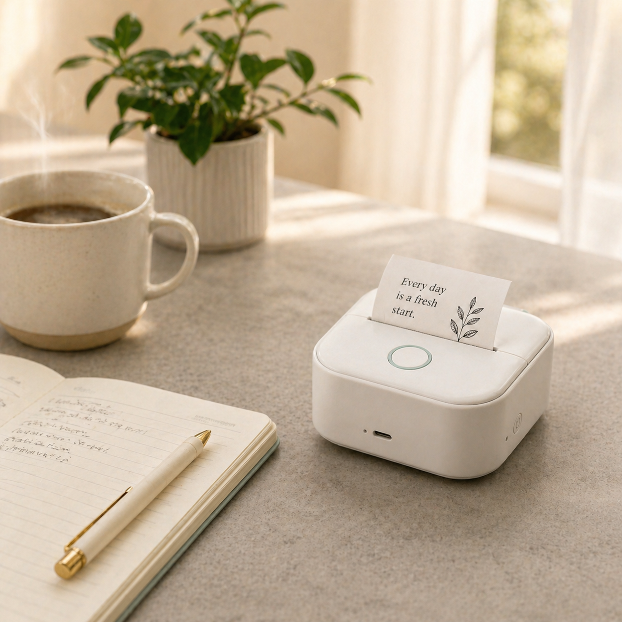White compact thermal printer on stone table in morning light glow