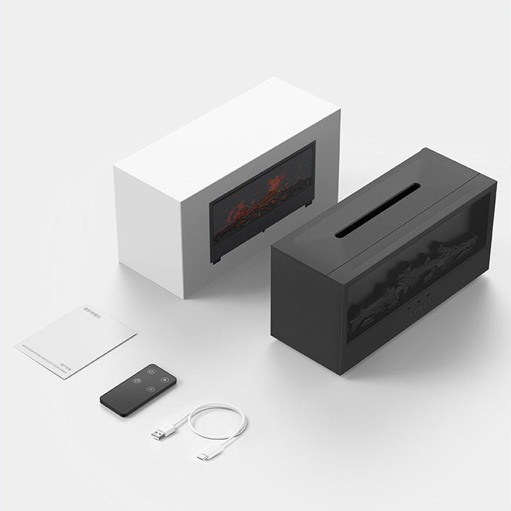 Flame humidifier packaging with host, power cord, remote control, and manuals on a white background.