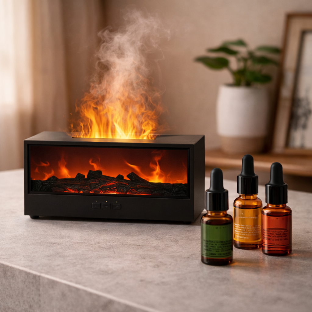 Flame aroma humidifier with simulated warm fire glow on stone surface with scent oil. 