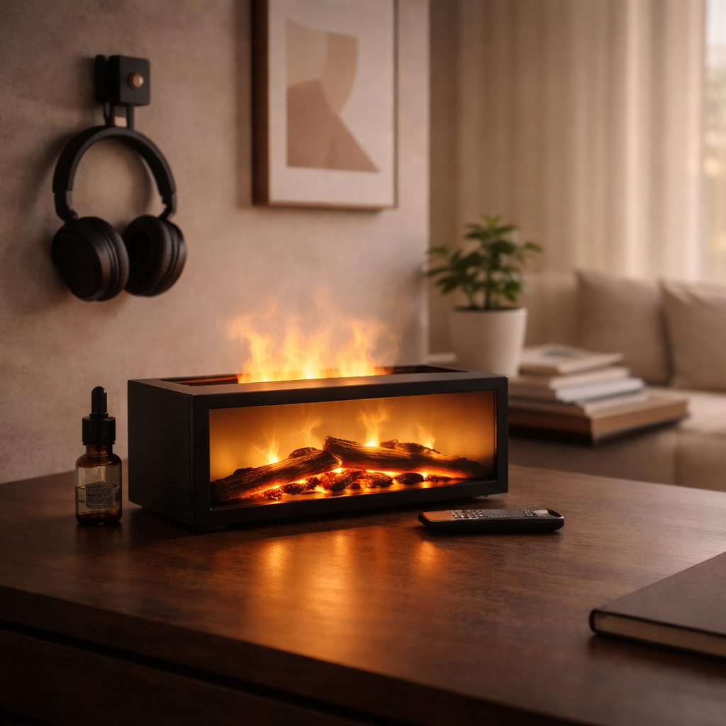 Living room with a fireplace diffuser, coffee table, and decorative items.
