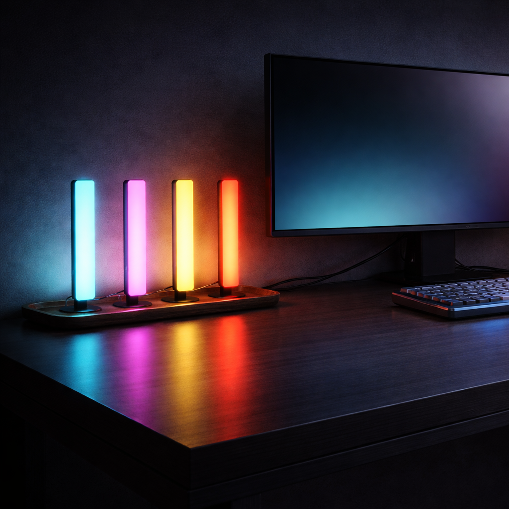 Four RGB light bars on walnut tray beside monitor and keyboard. Ambient desk lighting and room decor