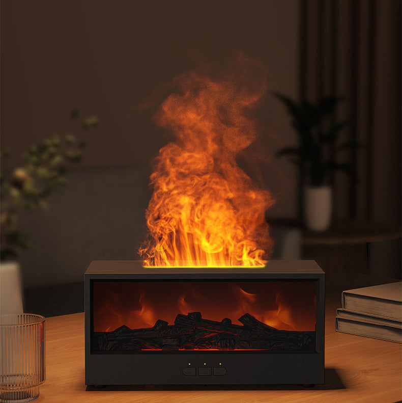 Fireplace flame diffuser on a wooden table with a dark background