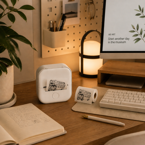 White wireless thermal printer on stone desk with open notebook and gold pen in warm morning light