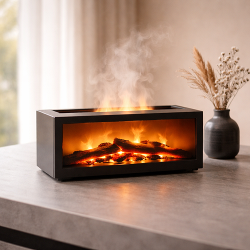 Flame aroma humidifier with simulated warm fire glow on stone surface