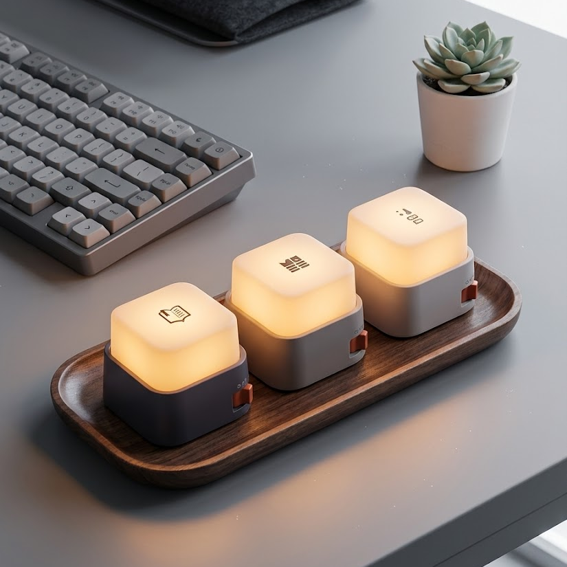 Three glowing amber cube night lights on walnut tray on minimal desk beside mechanical keyboard