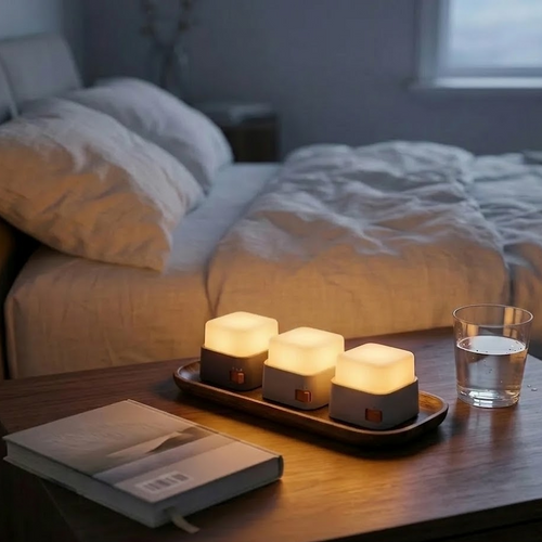 Three warm glowing cube night lights on linen bedsheet beside wooden tray and coffee mug