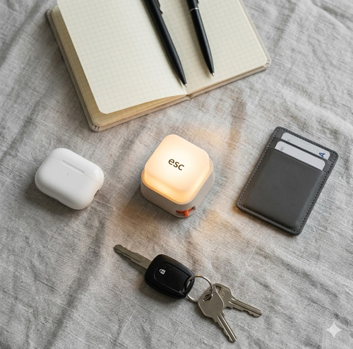 Amber cube night lights on a surface with keys, wallet, and notebook. Room decor